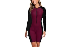 Halcurt Women's Boyleg One Piece Rash Guard with Built in Bra Zip Front UPF50+ Long Sleeve Full Body Surfing Swimsuit