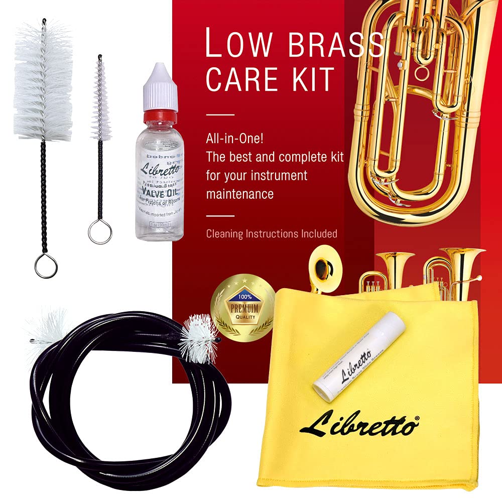 Photo 1 of Libretto Low Brass ALL-INCLUSIVE Cleaning Kit with Instructions: Valve Oil + Slide Grease + Cleaning Cloth + Mouthpiece/Valve/Bore Brushes. A Great Gift for Tuba, Euphonium, Baritone, Sousaphone &More