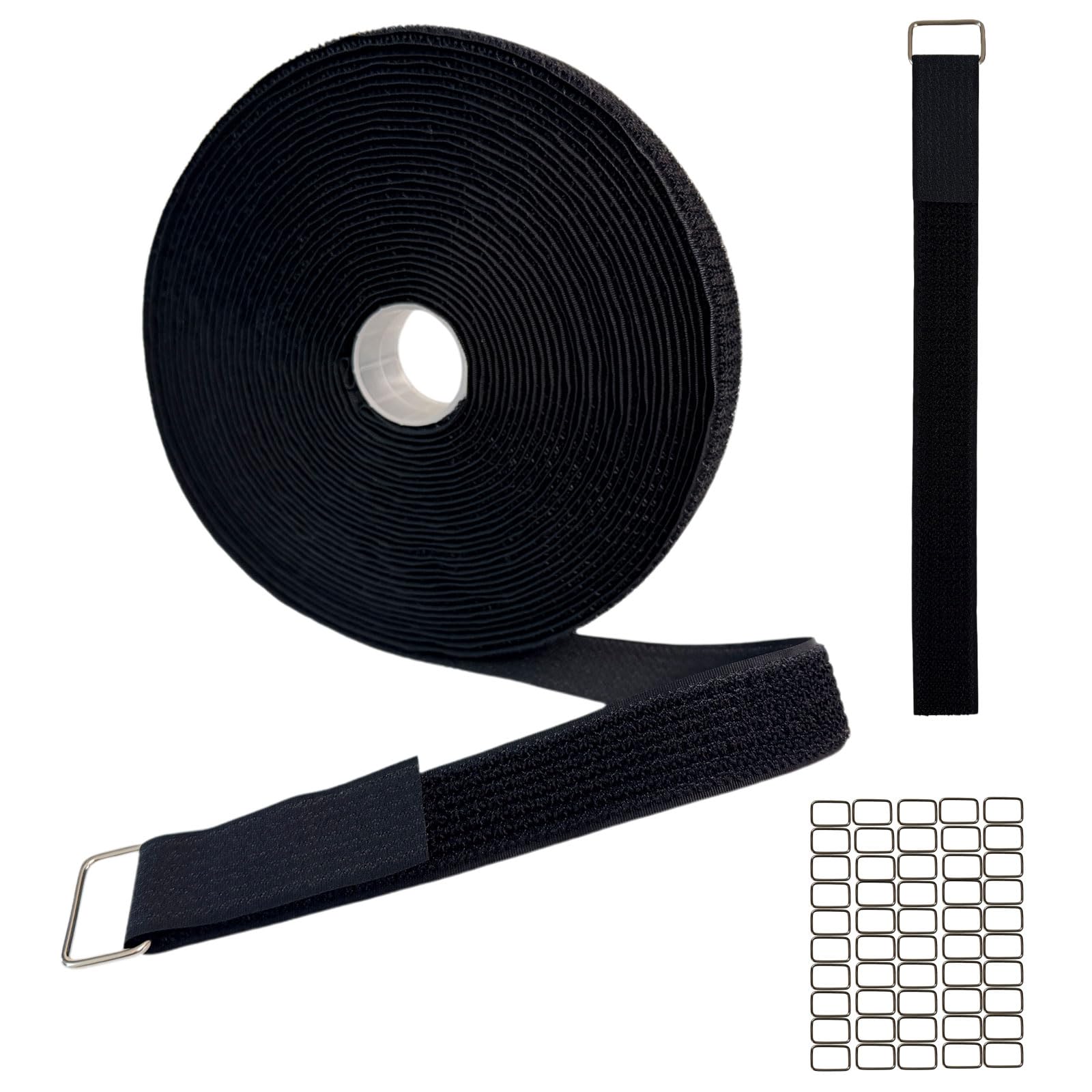 Photo 1 of 1" x 32ft Heavy Duty Hook and Loop Straps with 50 Metal Buckles, Adjustable Reusable Cinch Straps, Nylon Cut-to-Length Long Cable Straps and Cord Ties Roll for Storage and Cord Organizer, Black