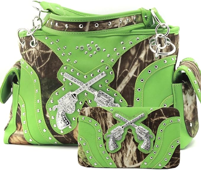 Western Crossed Guns Purse Camouflage Handbag Camo Lime Green Trim W Matching Wallet D2