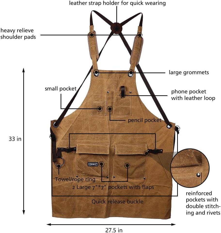 LEFOR·Z Work Apron for Men Heavy Duty Waxed Canvas Tool Apron for Carpenter Woodworker with Cross-Back Straps - Image 3