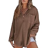 Astylish Women Waffle Knit Tops Henley Shirts Long Sleeve V Neck Solid Color Casual Tunic