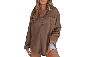 Astylish Women Waffle Knit Tops Henley Shirts Long Sleeve V Neck Solid Color Casual Tunic