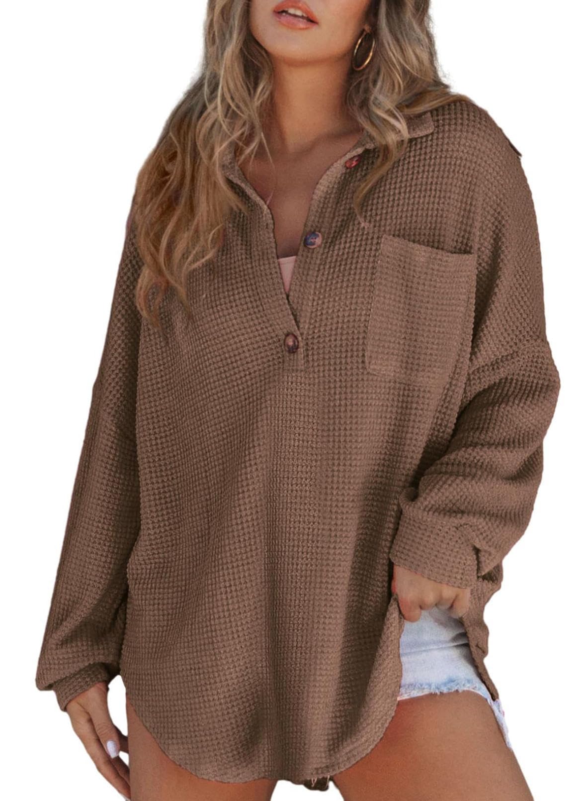 Photo 1 of Astylish Women Oversized Waffle Shirts V Neck Lightweight Long Sleeve Loose Blouses Button Pullover Coffee Large