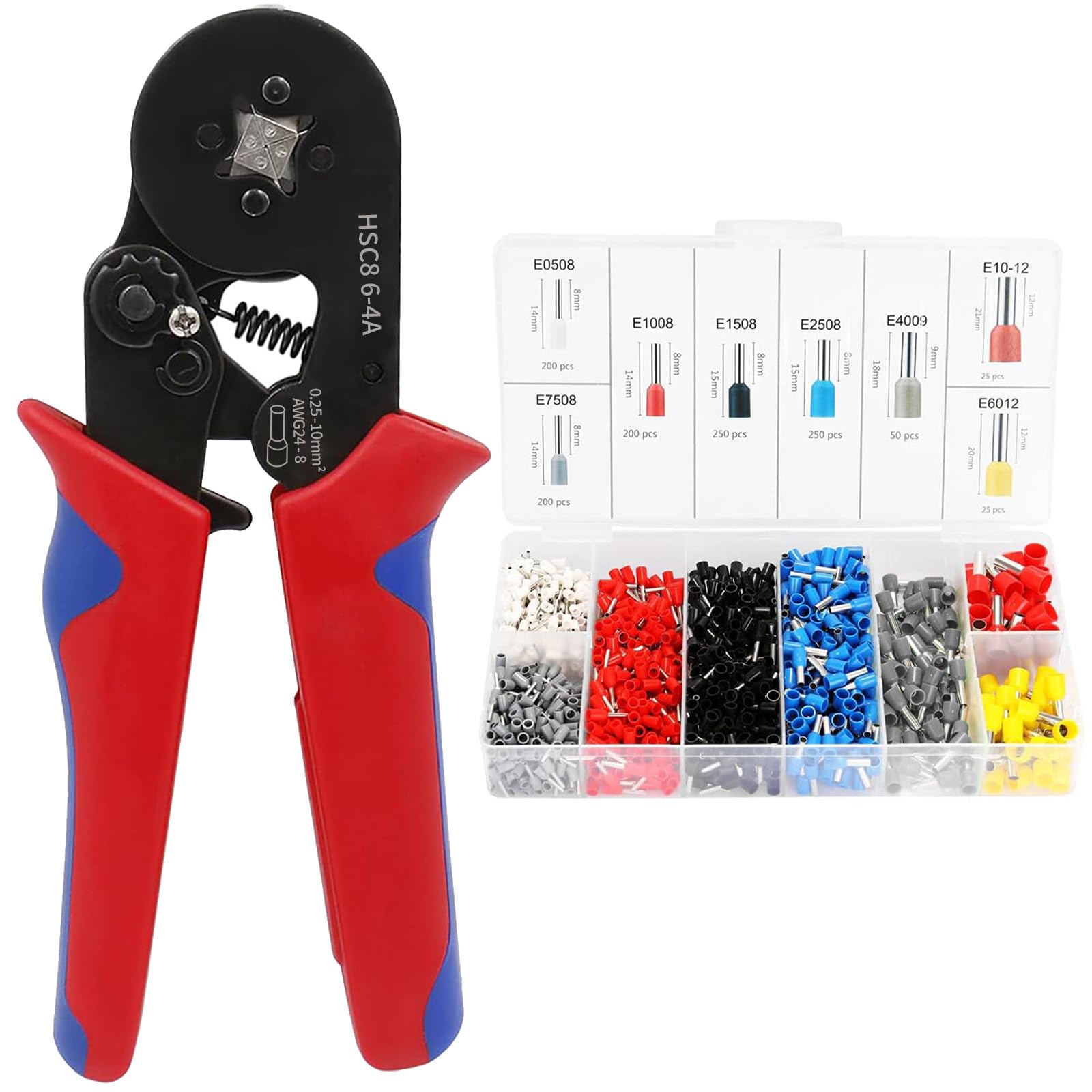 HSC8 6-4A Crimper Plier with 1200pcs Wire End Ferrule Connectors, Self-Adjustable Crimping Tool Kit for 0.25-10mm² (AWG 24-8), Ratchet Bootlace Ferrules for DIY Electrical Repair and Cable Crimping