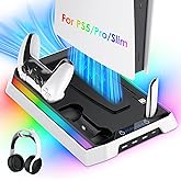 PS5/Slim/Pro Cooling Station, RGB P5 Controller Charger for PS5 Accessories, Ultra Quiet Cooling Fan for PS5 Digital/Disc Console, with 3 Level Fan, 4 USB Hub ﻿