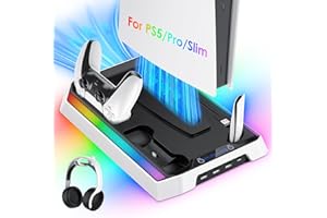 VIDPPLUING PS5/Slim/Pro Cooling Station, RGB P5 Controller Charger for PS5 Accessories, Ultra Quiet Cooling Fan for PS5 Digital/Disc Console, with 3 Level Fan, 4 USB Hub ﻿