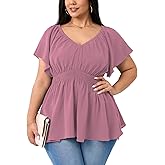 Womens Plus Size Tops V Neck Short Sleeve Blouse Babydoll Ruffle Peplum Smocked Dressy Casual Summer Top