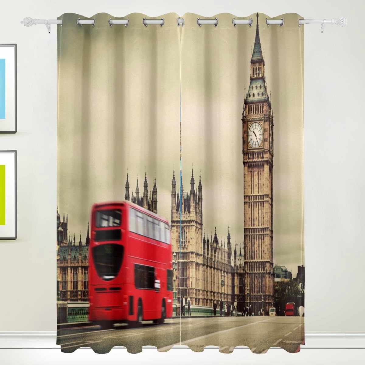 COOSUN London UK Red Bus And Big Ben Blackout Curtains Darkening Thermal Insulated Polyester Grommet Top Blind Curtain for Bedroom, Living Room,2 Panel (55W x 84L Inch)
