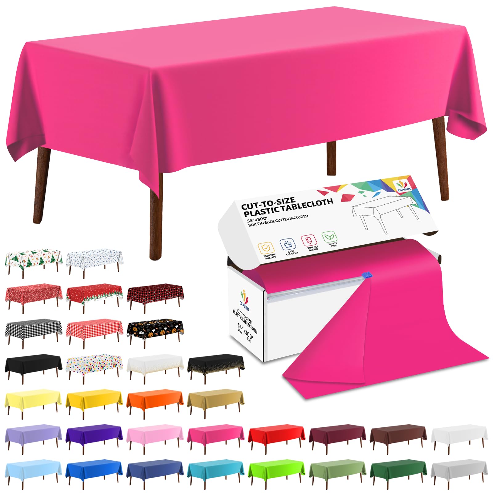 Photo 1 of CXPSINC 54 Inch X 300 Feet Plastic Table Cover Roll Disposable Tablecloth with Slide Cutter for All Type/Shape Tables | Picnic, Party, Banquet, Birthdays, Weddings (Fuchisa, 300 Feet)