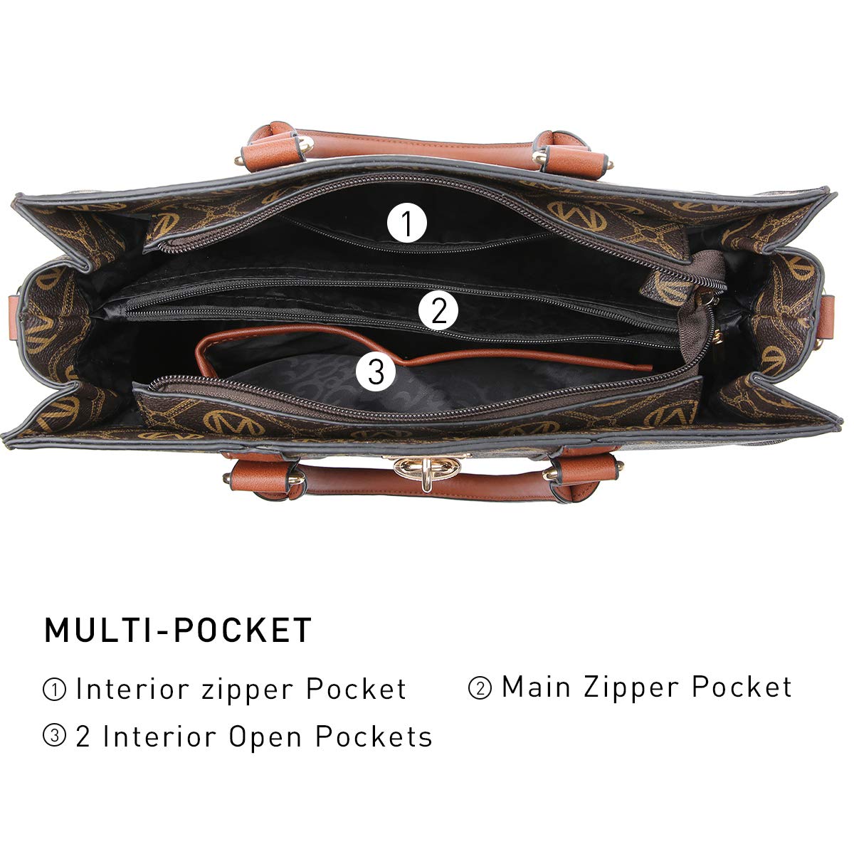 MKP Women Fashion Top Handle Handbags Purses Satchel Tote M Signature Padlock Shouler Bags Work Bag with Wallet Wristlet Set 2pcs (Coffee)