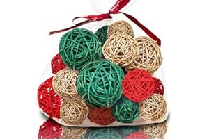 Qingbei Rina Christmas Wicker Rattan Balls,Xmas Decorative Balls for Bowls,Vase Filler for Centerpieces,Decorative Orbs Woven Spheres,Winter Holiday Bowl Fillers for Home Decor,20 PCS (Red Green Gold)