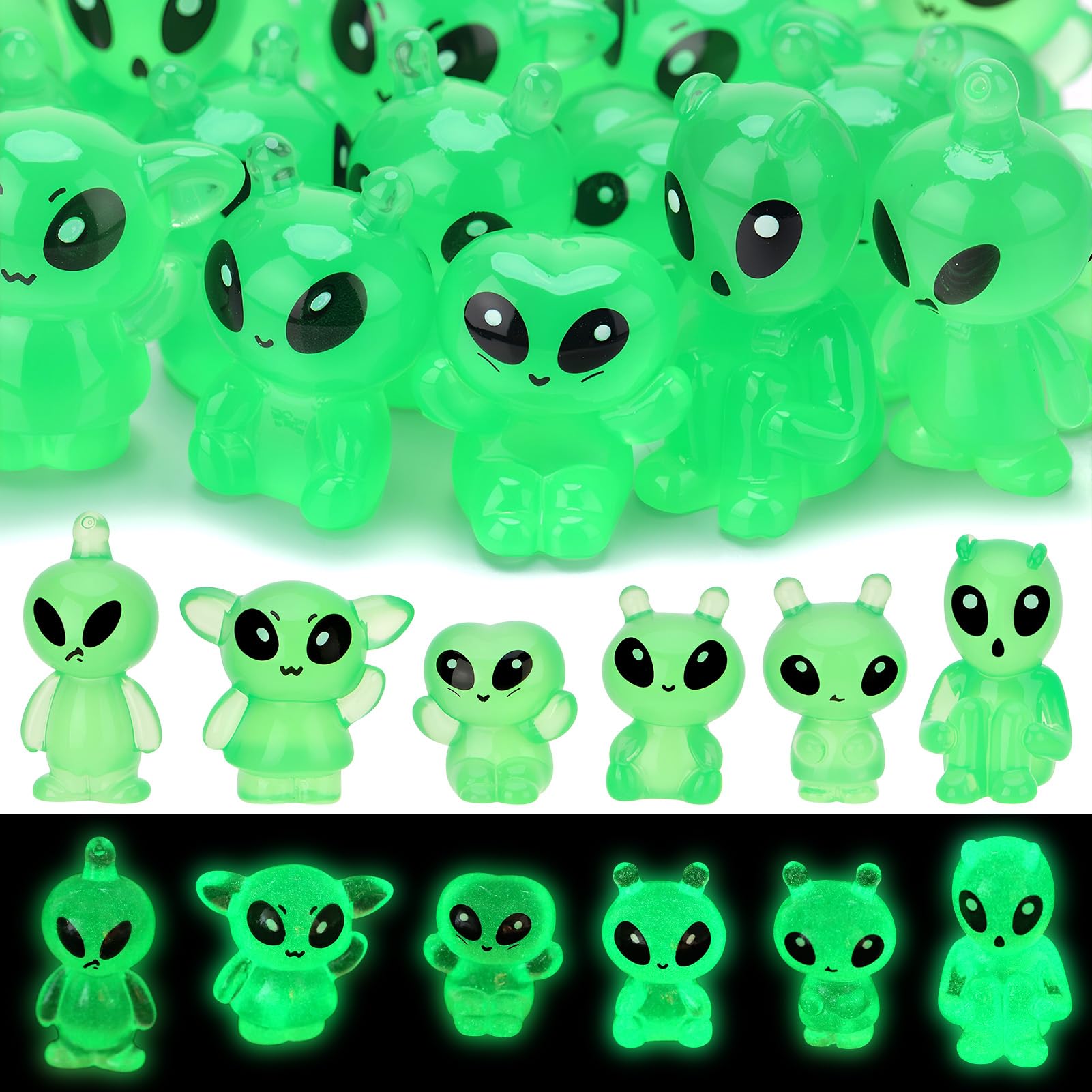 GSrenyu 30 Pcs Luminous Mini Resin Alien Miniature Glow in The Dark 6 Styles Tiny Honeydew Figures for Fairy House Garden Micro Landscaping Potted Home Party Decorations DIY (Green)