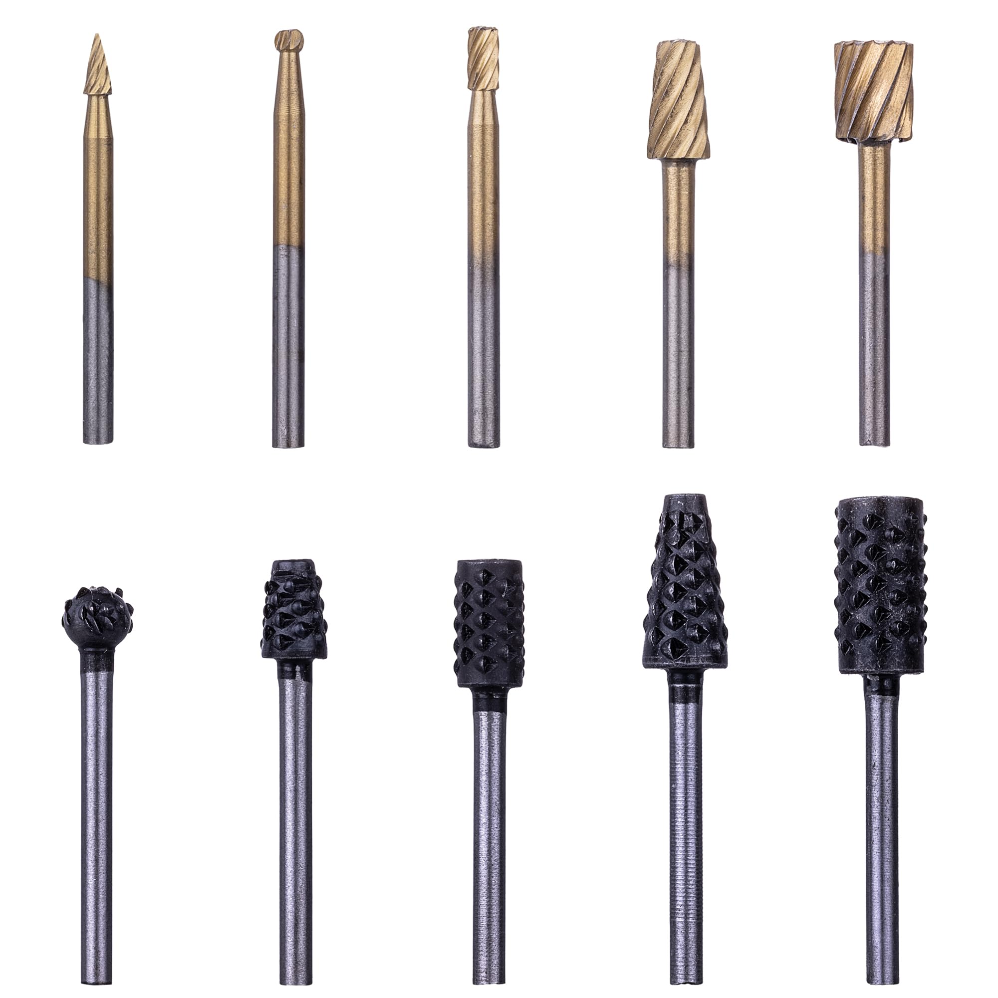 NordWolf 10-Piece Wood Carving Rasp Files Set for Rotary Tools, with 1/8" Straight Shank for Wood Deburring, Shaping & Grooving in Storage Case