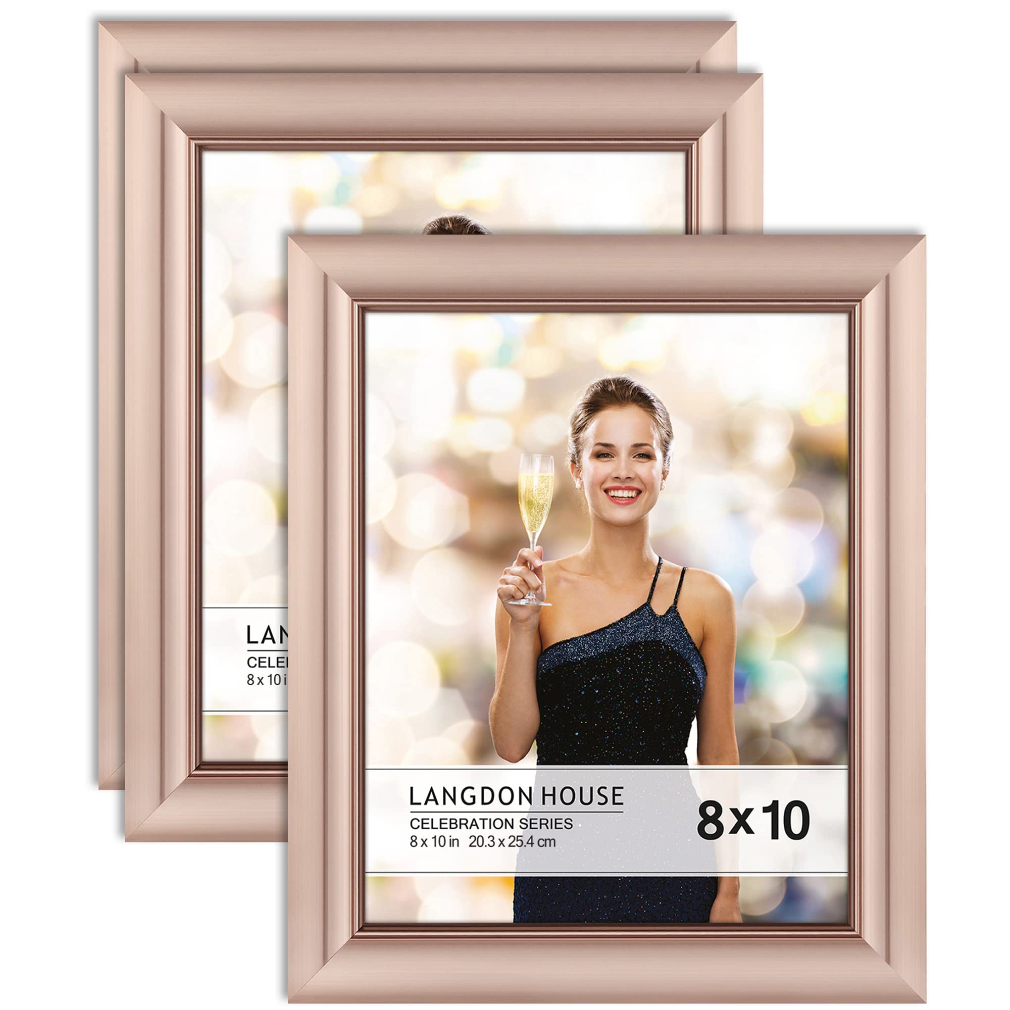Langdon House 10x8 Picture Frames (Rose Gold, 3 Pack), Contemporary Glam Photo Frames 10 x 8, Wall Mount or Table Top, Celebration Collection