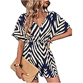 SweatyRocks Women's Striped V Neck Romper Dolman Short Sleeve Wide Leg Shorts Jumpsuit