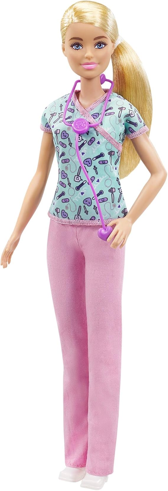 Barbie Nurse Blonde Doll (12in/30.40cm) with Scrubs Featuring a Medical Tool Print Top & Pink