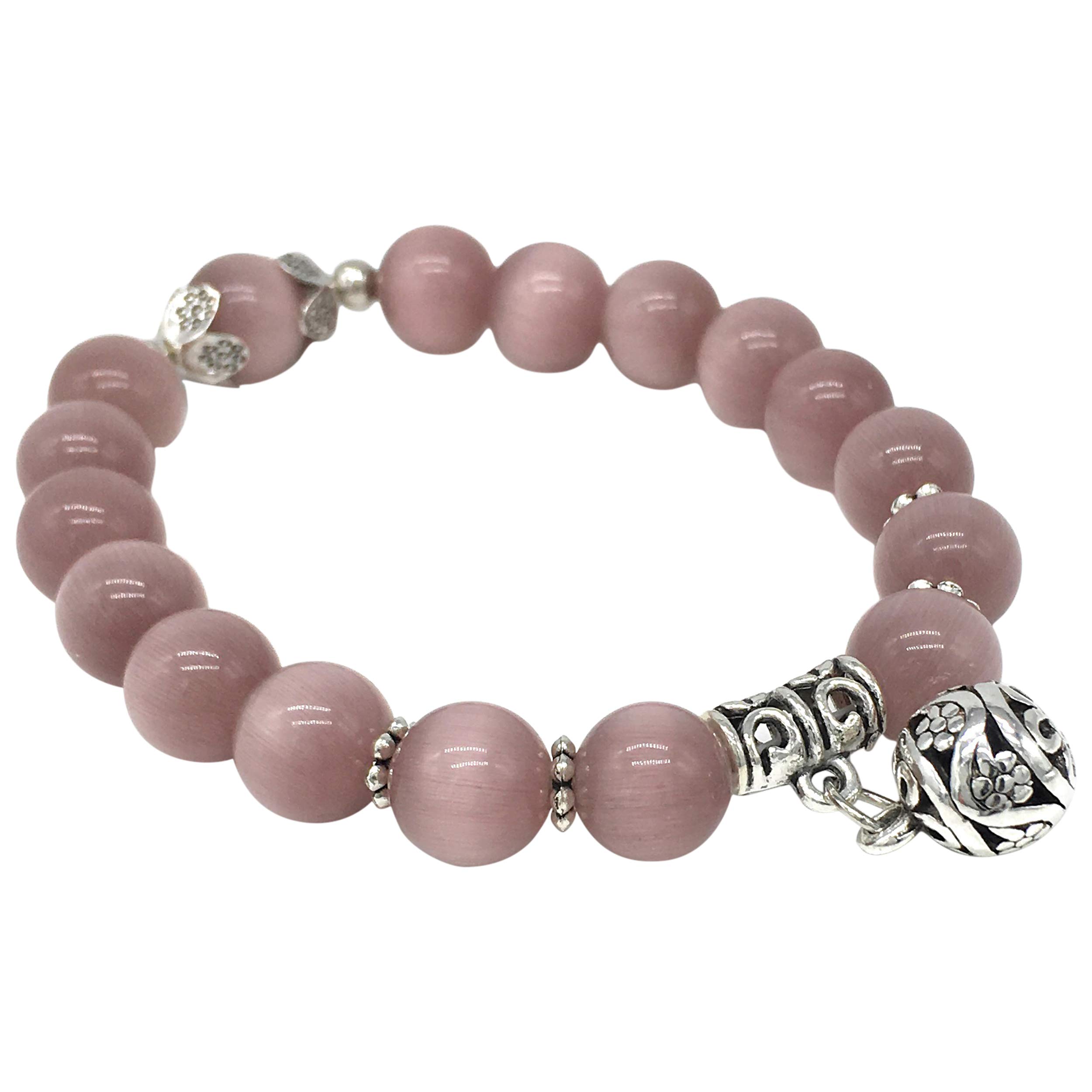 Beaded Stretch Beaded Bracelet for Women - Gorgeous Pink Handcrafted Boho Fashion Ladies Bangle - Stainless Steel Charm Jewellery with Gift Box (Dark Pink Opal)