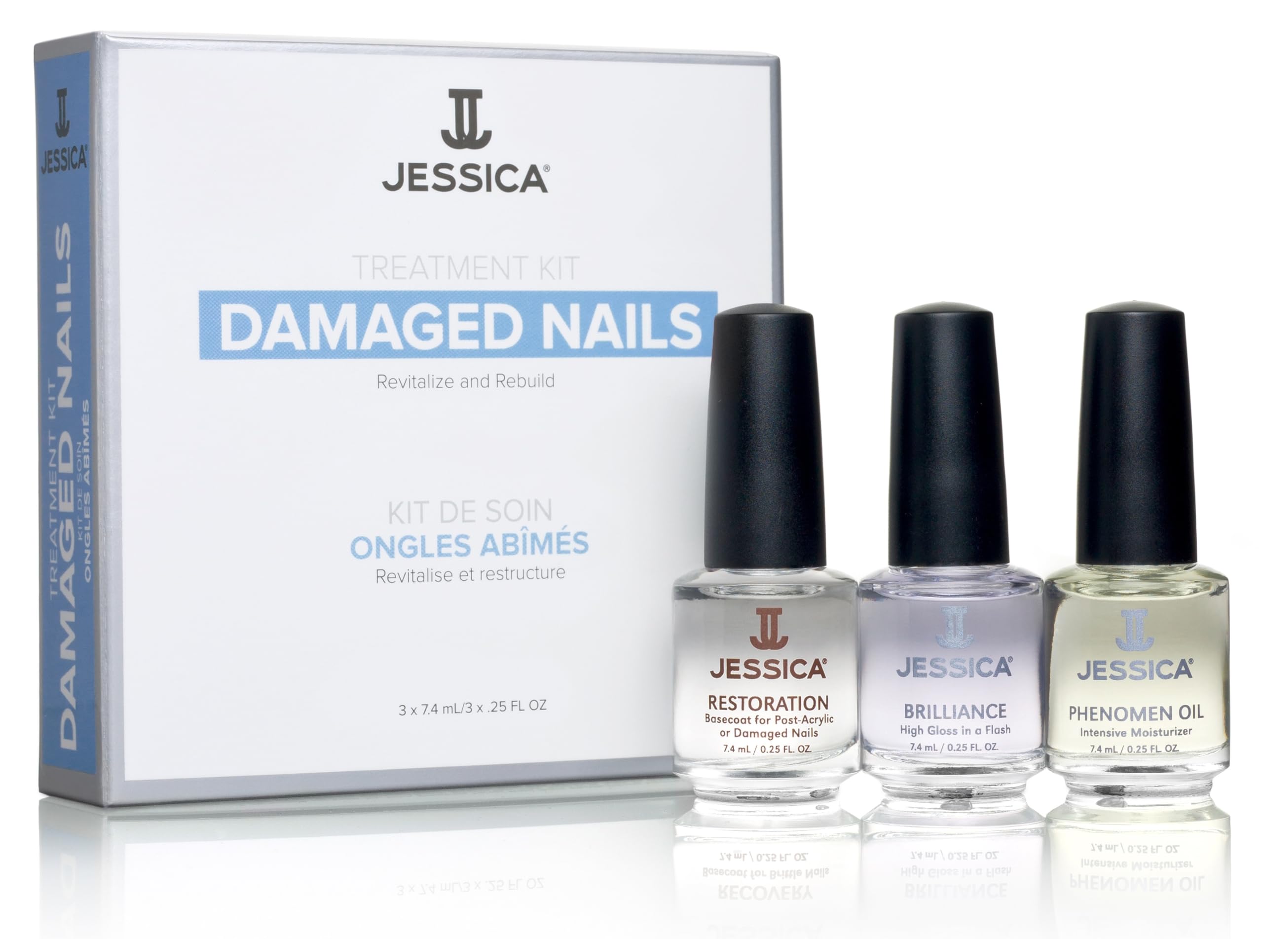 Nail Repair Kit for Damaged Nails – 3 Step Nail Strengthening Treatment with Cuticle Oil, Base Coat & Top Coat – Jessica Nail Care System