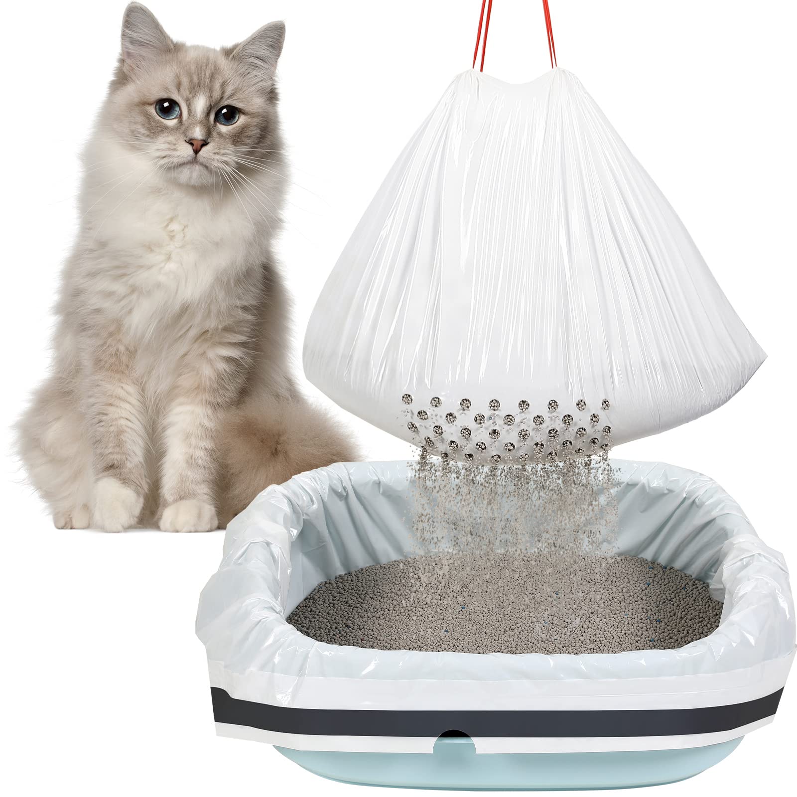 Photo 1 of 56 Count Sifting Cat Litter Bags Jumbo Thick Cat Litter Box Liners with Holes Disposable Extra Large Cat Pan Liners with Drawstring Scratch Resistant Quick Clean for Kitty Litter Box,36 x 18 Inch