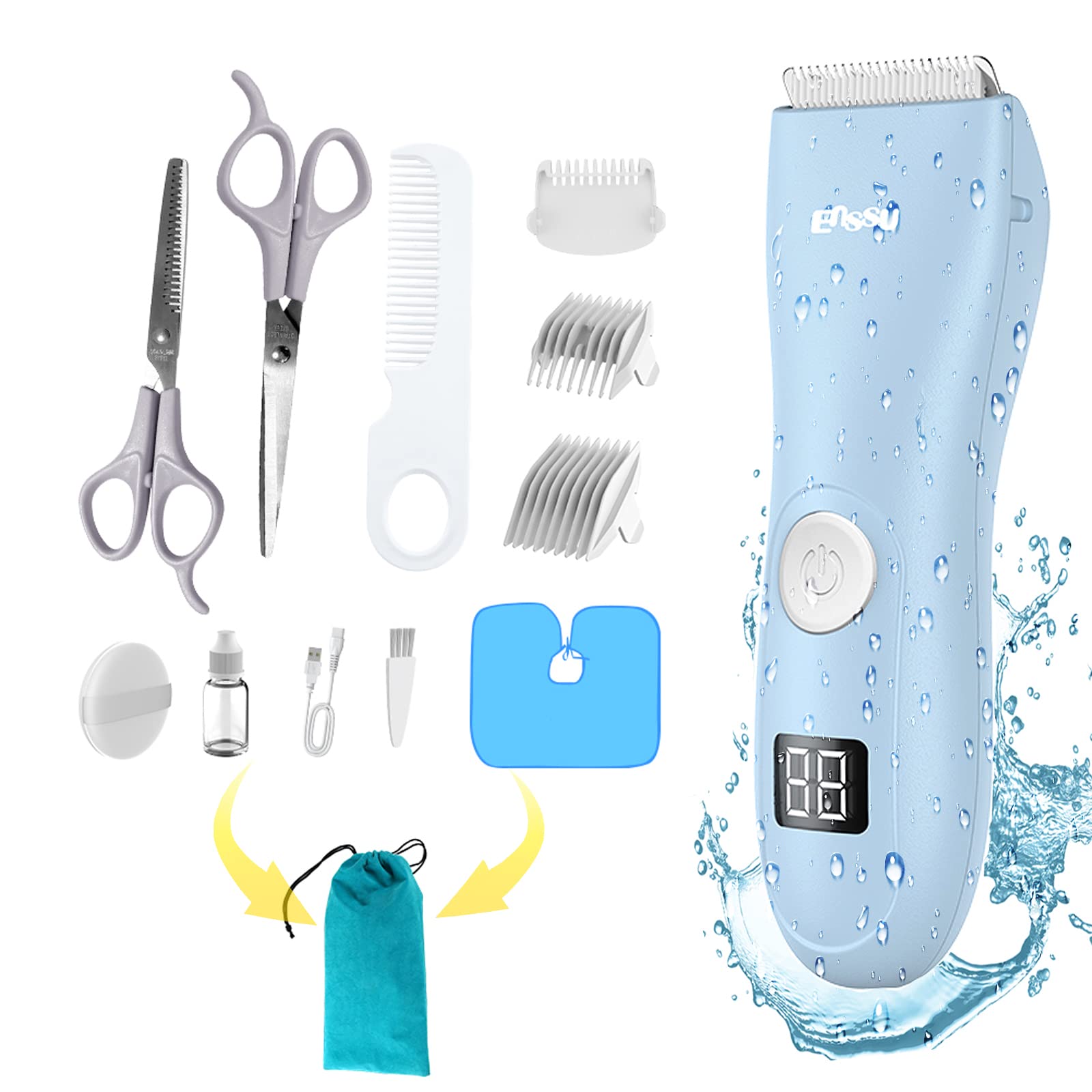 OPENBEAUTY Baby Hair Clippers, Low Noise Hair Trimmer for Kids, Waterproof USB Rechargeable Cordless Haircut Kit with LCD Display, Blue