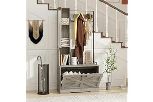 Hall Tree with Bench, Entryway Bench with Mirror and Shoe Rack, Farmhouse Hall Tree with Flip-Down Cabinet Door, Mud Room