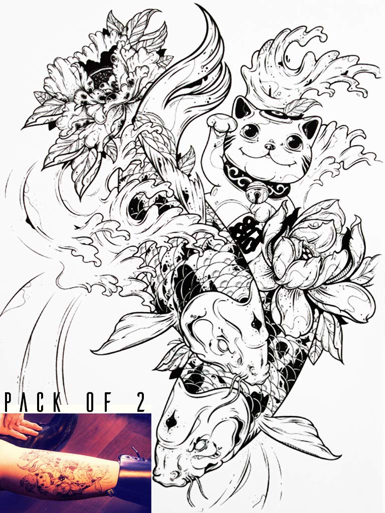 Novu Ink Maneki Neko with Koi Carp Temporary Tattoos | PACK OF 2 | Fake Tattoos | Art Design Transfers/Stickers | For Body, Arm, Leg etc | (21x 17cm)