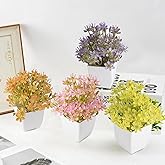 Artificial Mini Plants with Flowers, 4 Pack Fake Potted Plants, Indoor Home Decor, Small Realistic Faux Plants for Bathroom, Farmhouse