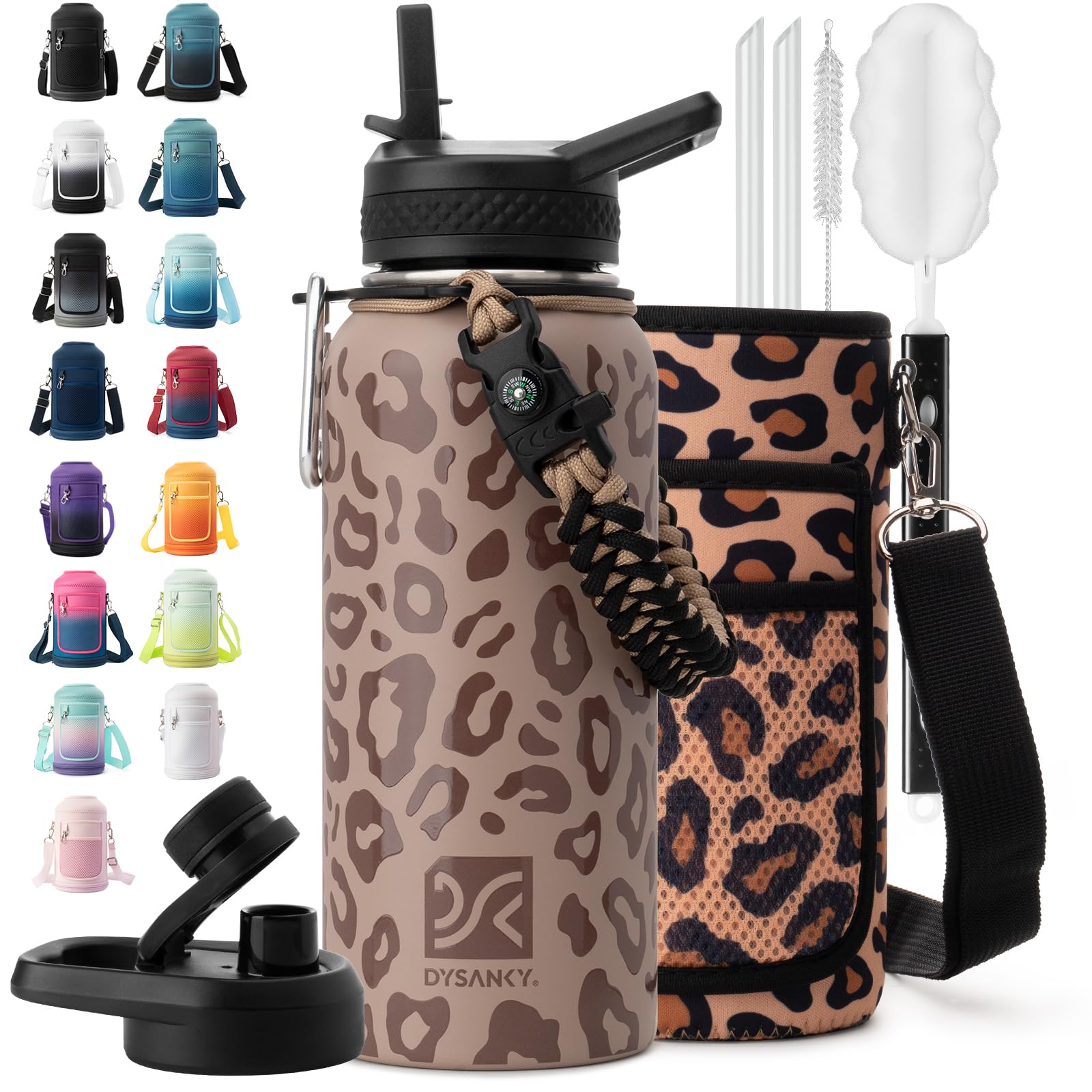 DYSANKY Insulated Water Bottle | Thickened Stainless Steel Vacuum Metal | Portable Sports Water Jug for Gym and Hiking with Straw, Carrier Bag, Handle Strap | BPA-Free 32 oz Image