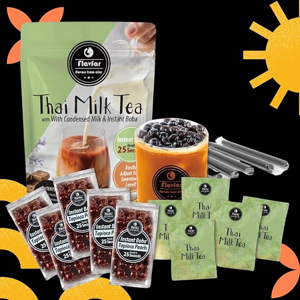 FLAVFAR THAI MILK TEA KIT – NOW WITH NO ADDED CONDENSED MILK | INSTANT BROWN SUGAR BOBA, LOW CALORIE, AUTHENTIC BUBBLE TEA FROM TAIWAN – 5 SERVINGS