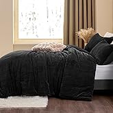 ChiXpace Flannel Fleece Full Comforter Set - Furry Black Leaves Pattern Faux Fur Bed Set, Winter Ultra Soft Fuzzy Comfort Set, Velvet Bedding Set for Bed with 2 Pillow Cases