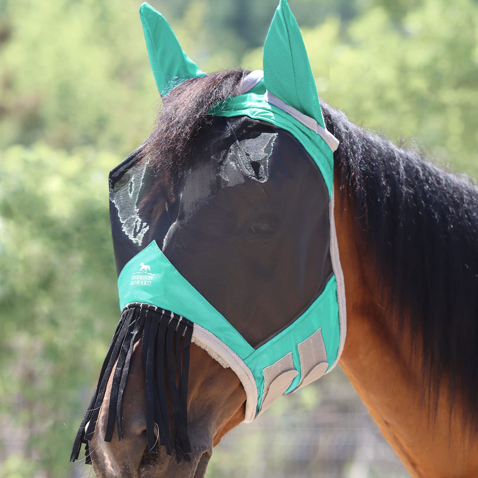 Harrison Howard CareMaster Horse Fly mask with Ears and Nose Fringe Fly Protector Defender Mask Summer Mint Full Size — image 1
