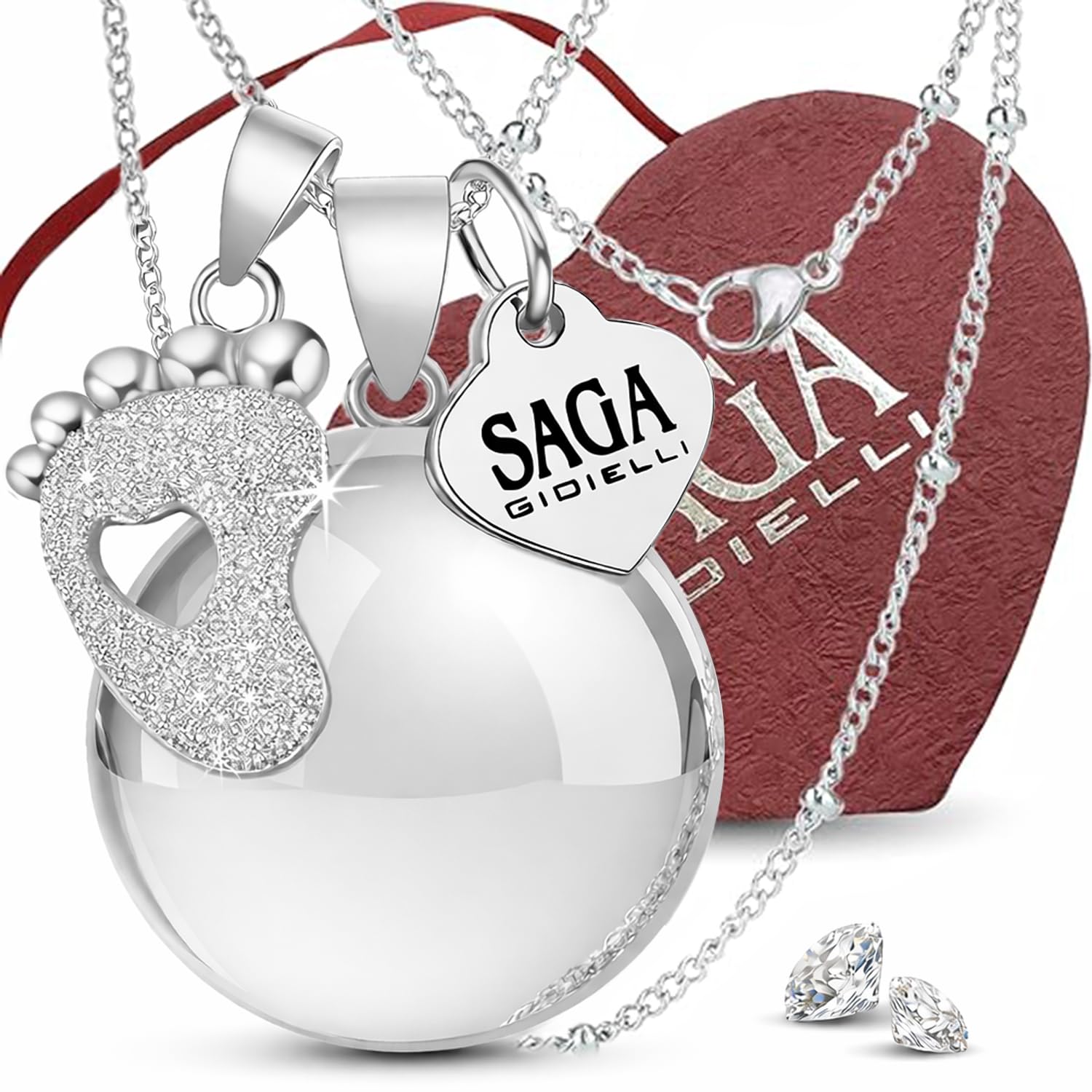 SAGA GIOIELLI Stainless Steel Angels Calling Bola Necklace with Crystals and Foot Pendant — image 1