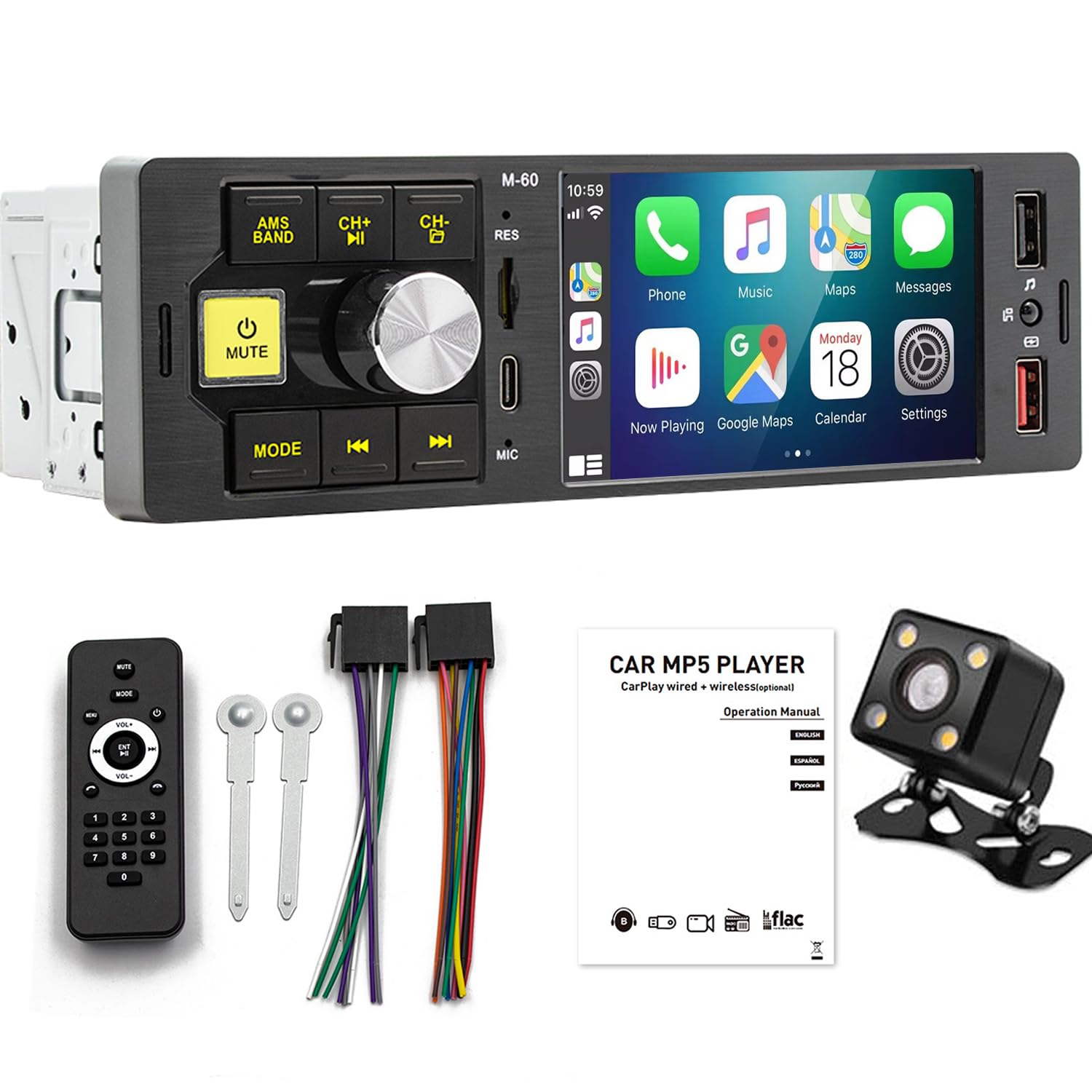 Bluetooth Car Stereo Carplay Anroid Auto1 DIN Car Radio Multimedia Video Player 4.1 inch Touch Screen Bluetooth Mirror Link AUX Auto USB/Tpye C Charging Port Head Unit with Rear Camera