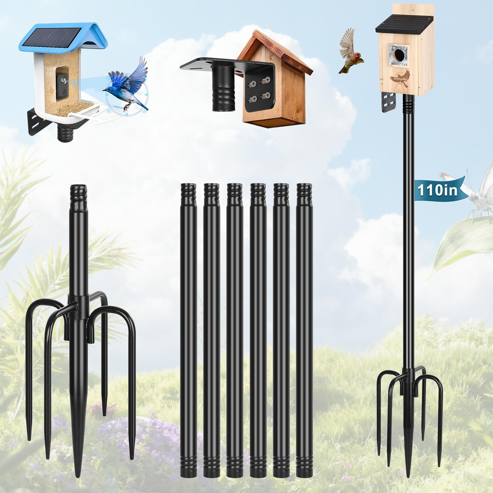 Gtongoko Smart Bird Feeder Pole 110 Inch Bluebird House Pole for Outdoors Weather Station Heavy Duty Metal Mounting Kit Adjustable Bird Feeder Stand Black Image