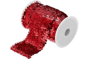 MECCANIXITY 5.5 Yards 3 Inch Elastic Sequins Trim 3 Row Flat Sequin Strip Paillette Sequins Fabric Ribbon for Crafts DIY Sequin Fringe Sewing Red