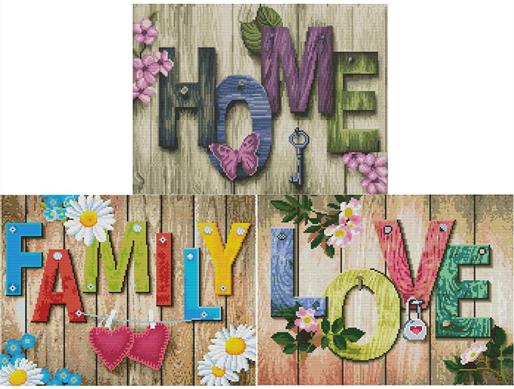 Abillyn Embroidery Cross Stitch Kits Wooden Sign Home and Love and Family 3 Pack Stamped with Printed Pattern Starter Kit (Home & Love & Family 3 Pack)