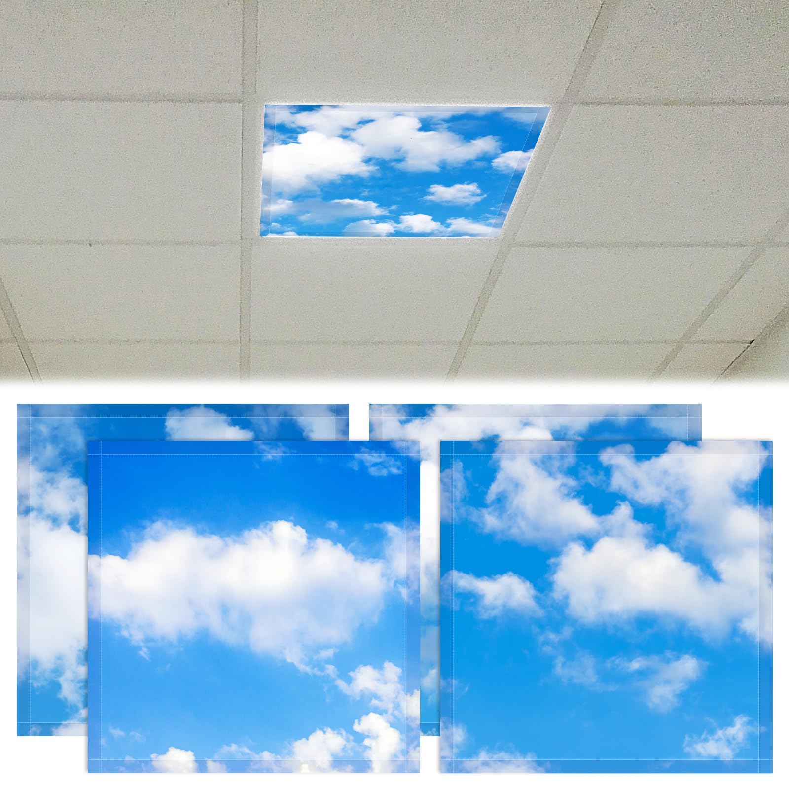 4 Pcs 2 x 2 Feet Fluorescent Light Covers Magnetic Ceiling Light Classroom Reducing Harsh Glare Flicker Led Filters Shield for Office Home Studio School Drop Decor (Sky Cloud)