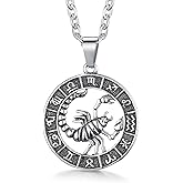 GHIUYUI Zodiac Sign Pendant Necklaces for Women Men Stainless Steels Leo Constellation Horoscope Medallion Retro Celestial Astrology Jewelry