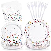 Grencian 96 Pcs Colorful Polka Dots Party Supplies Colorful Birthday Plates and Napkins Sets Confetti Bubble Plates Rainbow Dots Tableware for Birthday Baby Shower Rainbow Party Decorations Serves 24