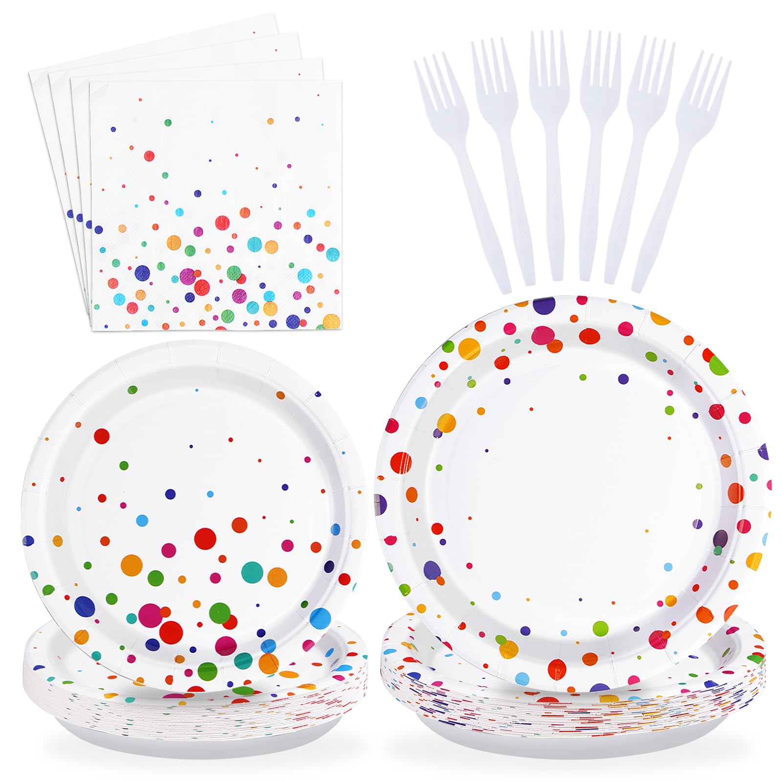 Photo 1 of Grencian 96 Pcs Colorful Polka Dots Party Supplies Colorful Birthday Plates and Napkins Sets Confetti Bubble Plates Rainbow Dots Tableware for Birthday Baby Shower Rainbow Party Decorations Serves 24