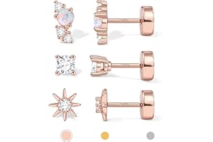 GEMQUEEN 14K Gold Plated Solid 925 Sterling Silver Post Flat Back Earrings Stud | Cartilage Helix Conch Tragus Piercing Jewelry 3 Pairs Tiny Screw Dainty CZ Opal Earring Set Men Women
