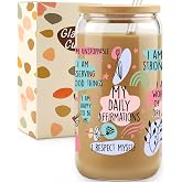 Daily Affirmations Glass Cup, 16oz Iced Coffee Tumbler with Positive Quotes | Mental Health, Self Care, Inspirational, Motivational Gifts for Women Friends, Graduation, Cheer Up Gifts for Sister, Student