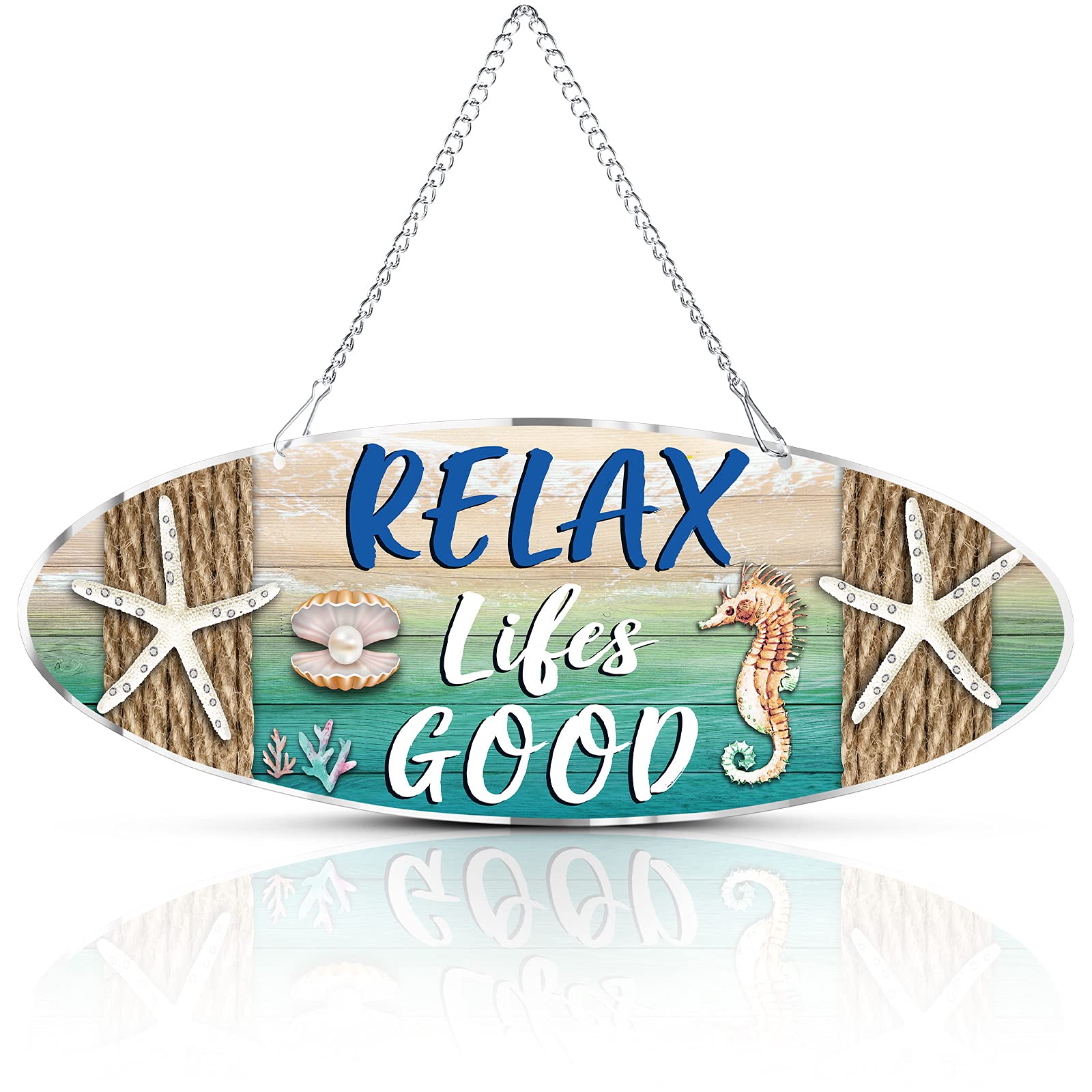 Hotop Beach Sign Decor Hanging Sea Decorations Starfish Wall Decoration Beach Plaque Door Wall Plaque Decor Sign with Seahorse and Scallop for Decoration(Classic Style)