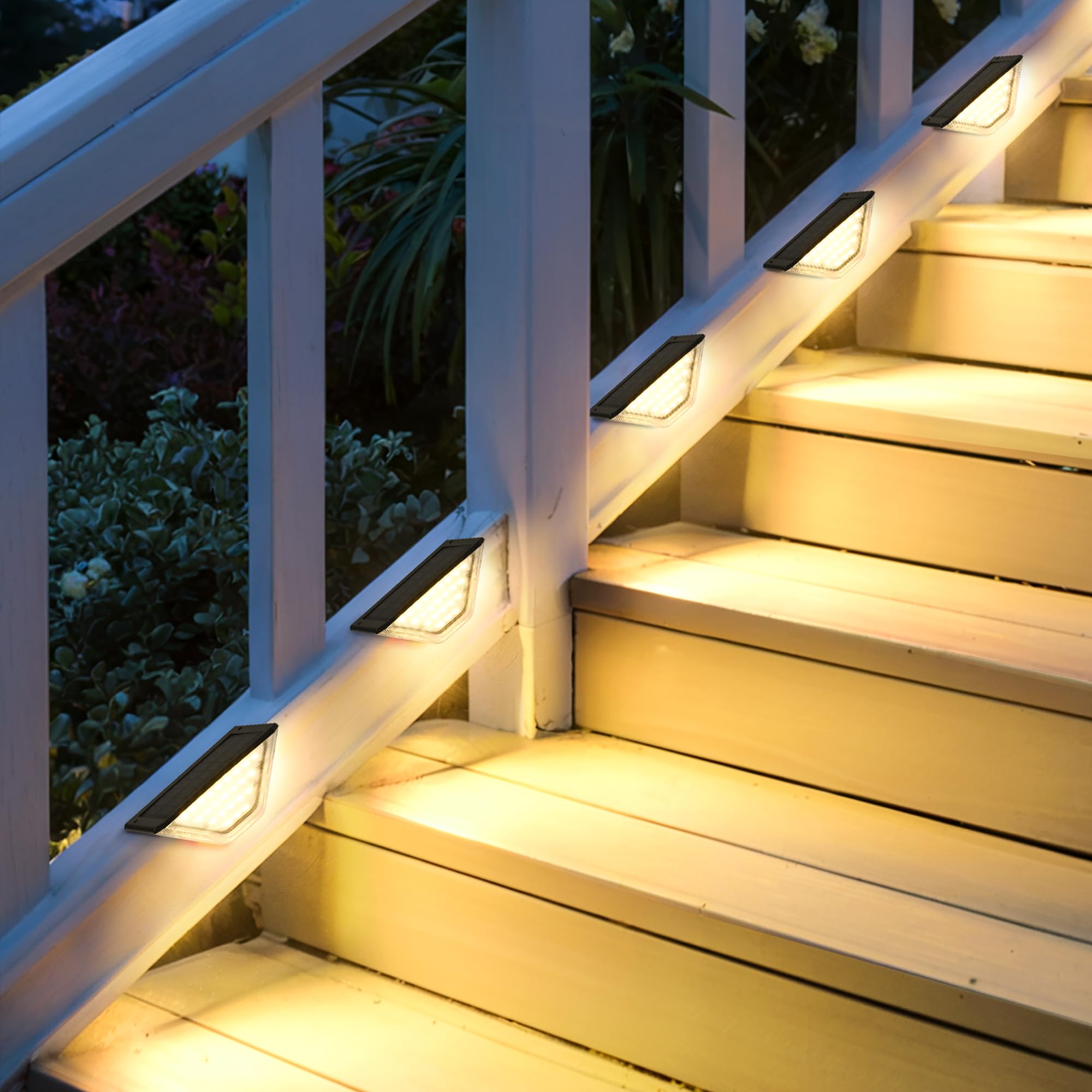 Photo 1 of SOLPEX 6 Pack Four-Sided Illumination Solar Step Lights for Outside, Solar Stair Lights Outdoor, Solar Railing Lights Outdoor Waterproof with 33 LEDs for Steps, Stair, Deck, Porch (Warm White)