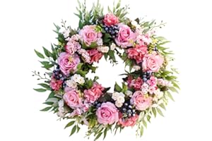VOSAREA European Style Wreath Christmas Wreath Christmas Garland Xmas Wreath Holiday Wreath Floral Garlands for Decor Holiday Door Wreath Rose Door Trim Pink Wreath