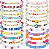 Sureio 24 Pcs Colorful Peace Sign Friendship Bracelets Heart Smile Bracelets Surfer Stretch Beaded Kids Bracelet for Girls Women Back to School Tween Girl Party Favors