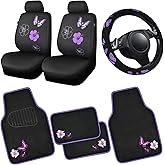CAR PASS Universal Butterfly Car Seat Covers Front Set, Embroidered Flower Waterproof Car Floor Mats Carpet, Butterflies Steering Wheel Cover for Car Accessories Interior Sets (Black and Purple)