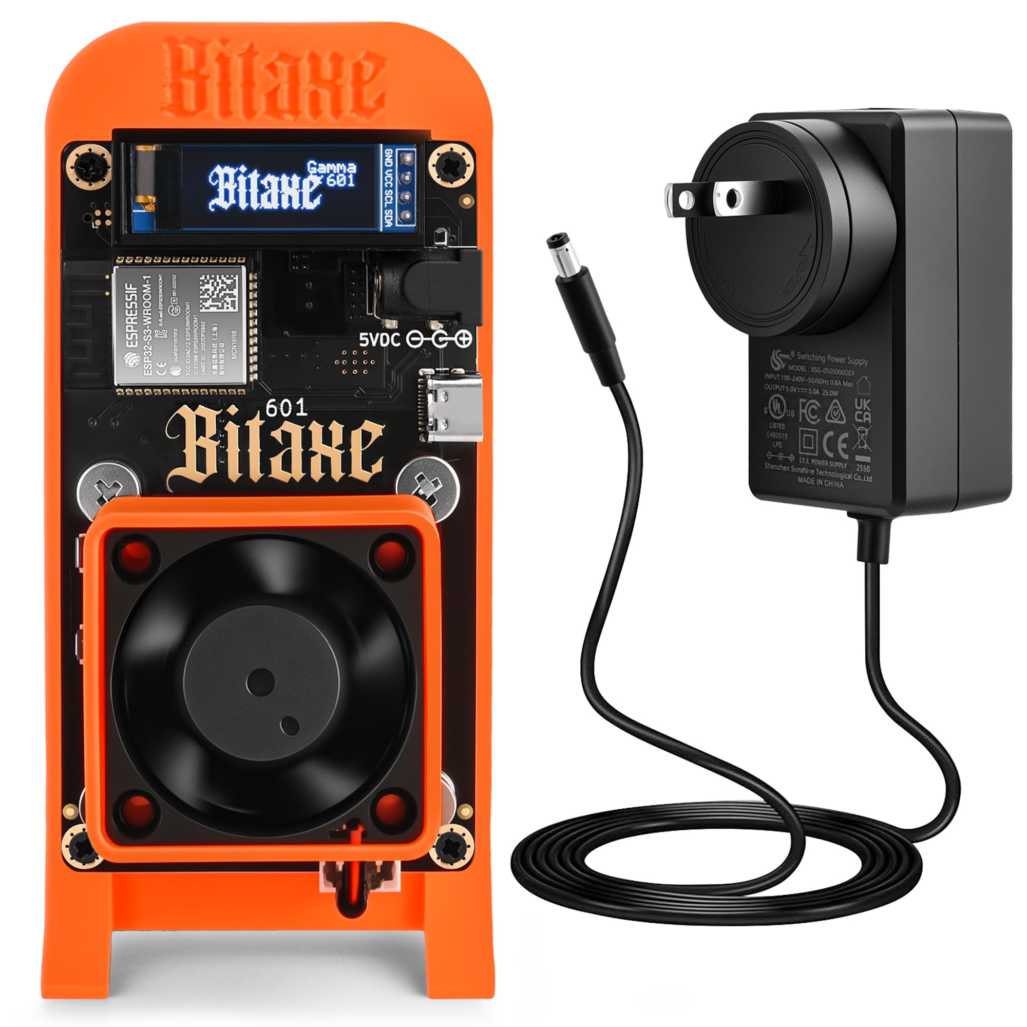 Bitaxe Gamma 601 Bitcoin Miner, Open Source Solo BTC Mining Machine, BM1370 ASIC Chip, 1TH/s - 1.2TH/s SHA-256, 2.4G WiFi, Home Crypto Miner, incl. 5V Power Supply & Stand, AxeOS, Orange