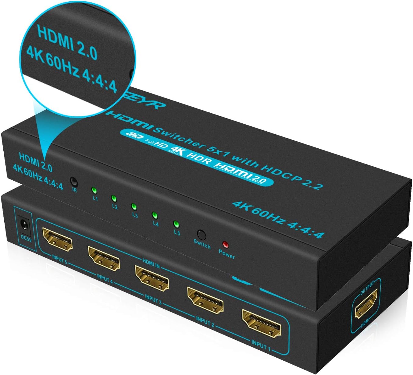 SGEYR 4K@60Hz 5x1 HDMI Switch HDMI Selector Switch 5 Port HDR IR Remote 4K HDMI Selector Box 5 in 1 Out Auto Switch HDMI Switcher 2.0 HDCP 2.2,Full HD/3D Compatible with //DVD///Projector: Home Audio & Theater